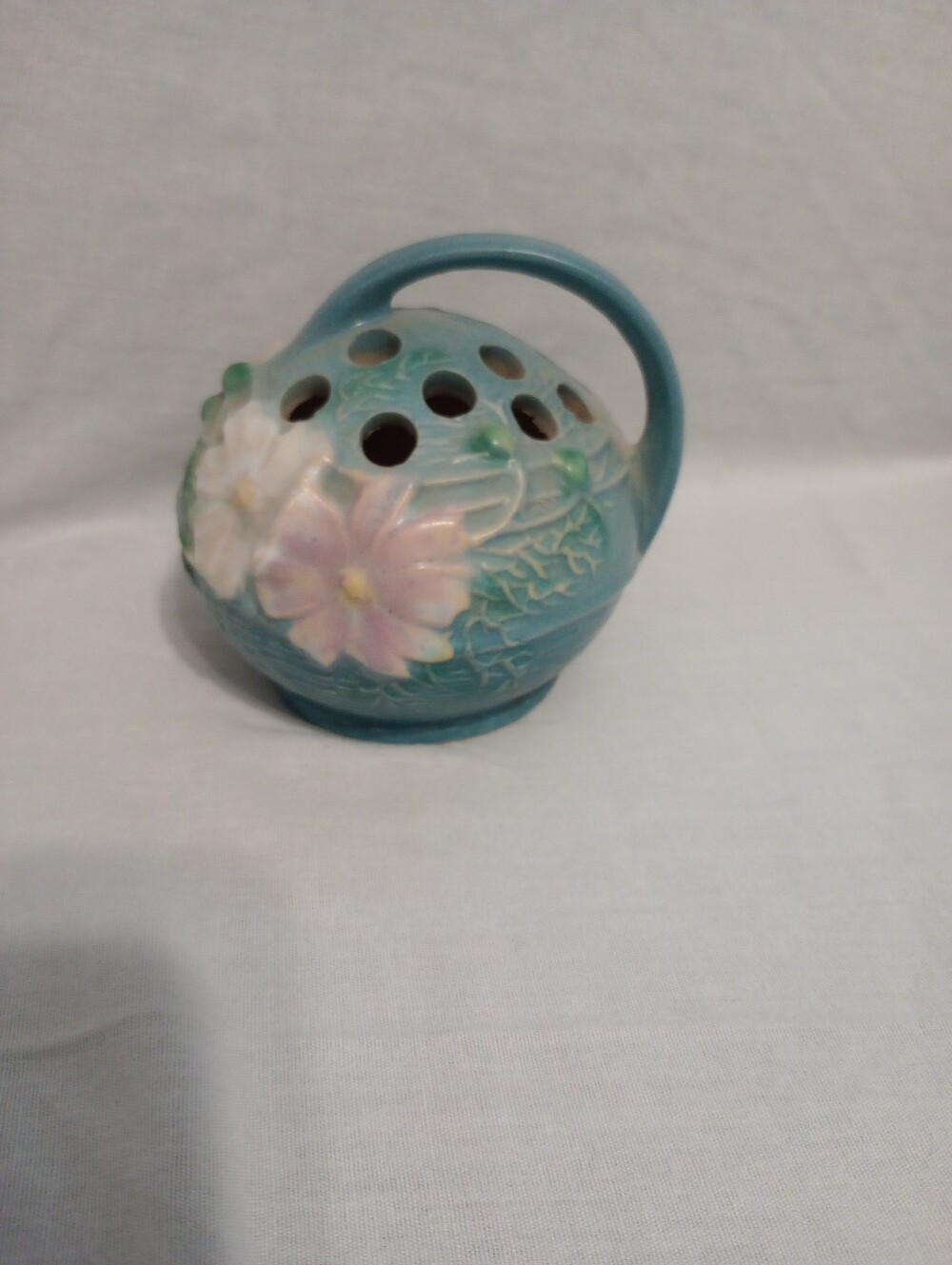Vintage 1939 Roseville Pottery Blue Cosmos Pattern Flower Frog Floral Arranger